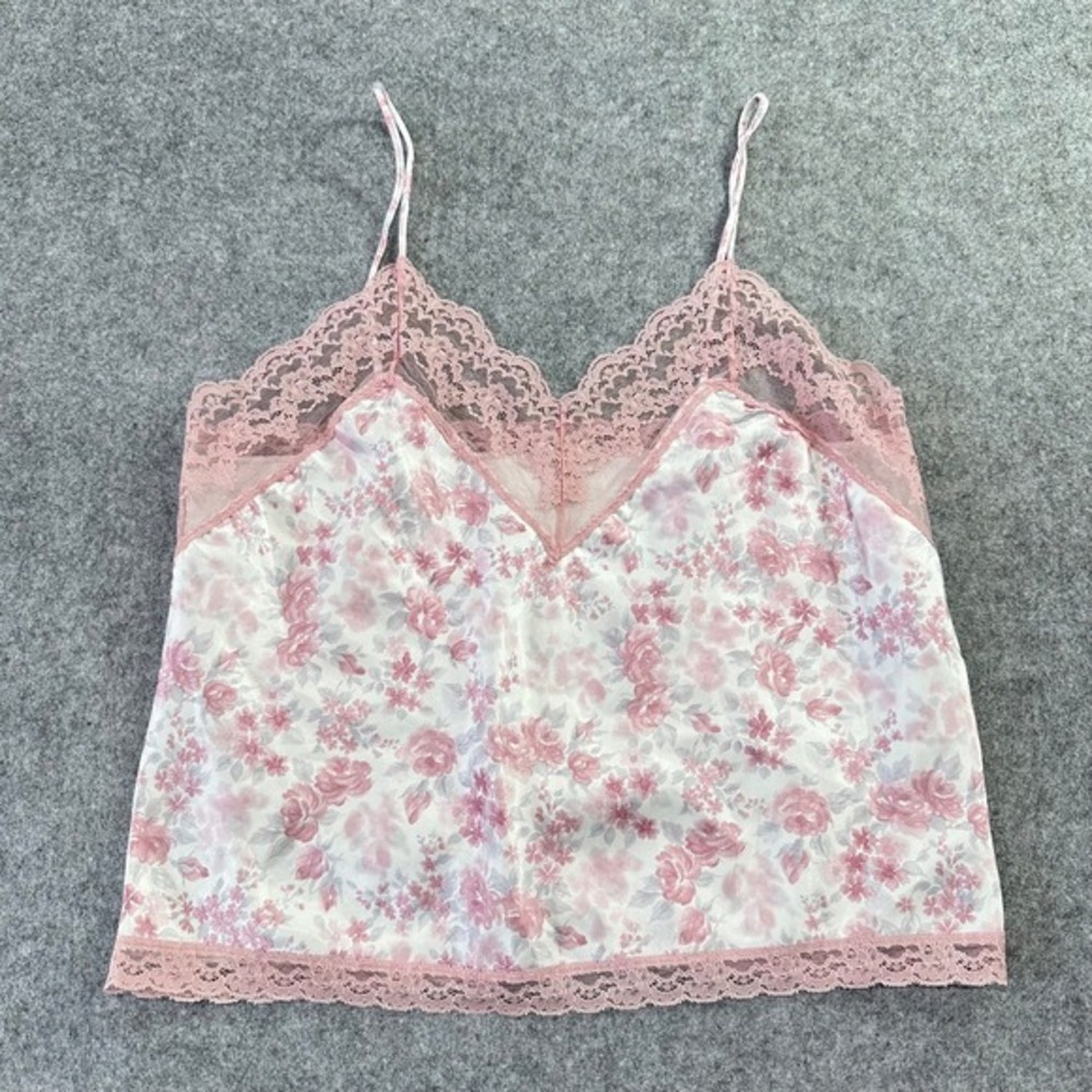 Vintage 80s Coquette Pink Floral Lace‎ Trim Camisole Top Satin Delicate Feminine